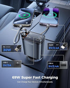 SUPERONE Retractable Car Charger with Dual Type C Cords, Ultra-Compact 69W Fast Retractable USB C Car Charger, 4 in 1 Car Accessories Car Chargers for iPhone 17 16 15 14 13 12 Galaxy Pixel