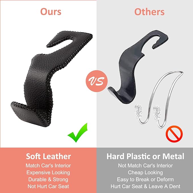 Headrest Hooks for Purses and Bags，Vehicle Back Seat Headrest Hanger Matching Cars Interior Genuine Leather Storage Holder Hook, 2 Pack, Black