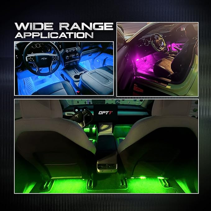 OPT7 Aura Interior Car Lights with Remote Control, 12V Music Sync Inside Ambient Lighting Kit, RGB Multicolor Under Dash Accessories, Neon Decoration Gifts, 4pc Single LED Strip