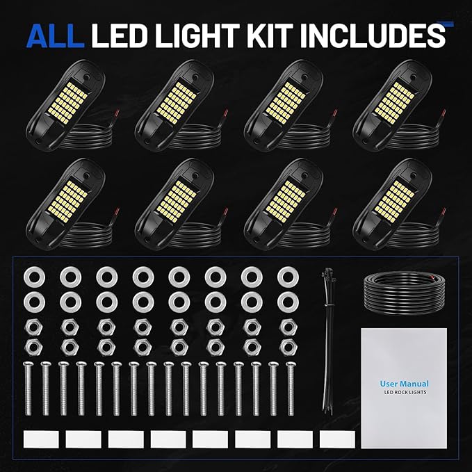8 Pods 6500k White Rock Lights, IP68 Waterproof 36 LEDs SMD Chips Underglow Kit for Truck Pickup SUV UTV ATV RZR Car Boats