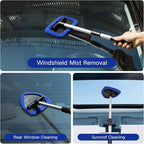 Qydipclin 7pcs Windshield Cleaner Tool Car Window Cleaning Wash Kit with 4 Reusable Microfiber Pads 1 Spray Bottle and Extendable Handle Auto Glass Wiper Kit, Blue&Gray