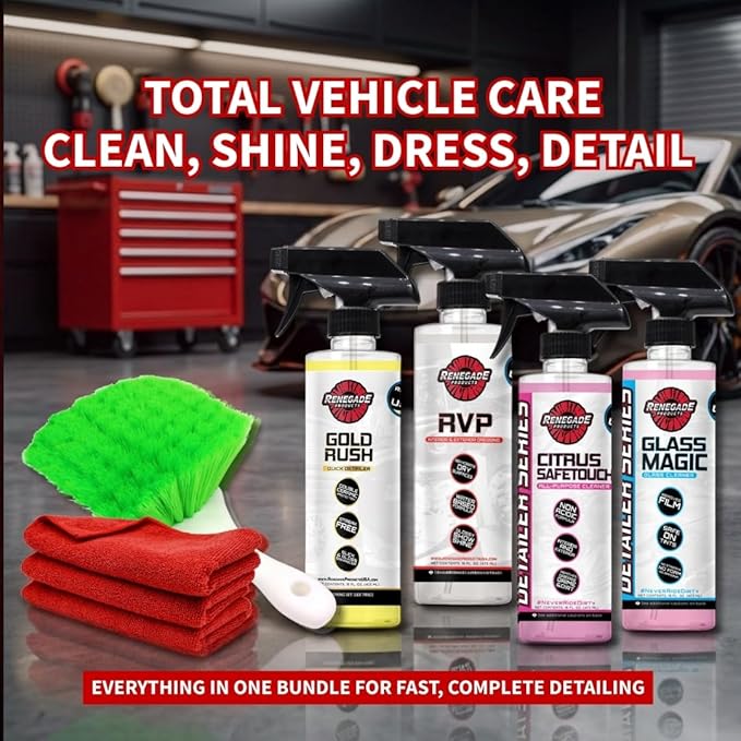 Renegade Essential Cleaning Bundle – Complete Car & Truck Detailing Kit with 4 Sprays, Microfiber Towels & Wheel Brush – Interior & Exterior Cleaner Set