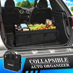 K KNODEL Car Trunk Organizer, Foldable Cover, Heavy Duty Collapsible Truck Storage Organizer, Car Cargo Trunk Organizer with Lid, 3 Compartments, with Straps (Black)