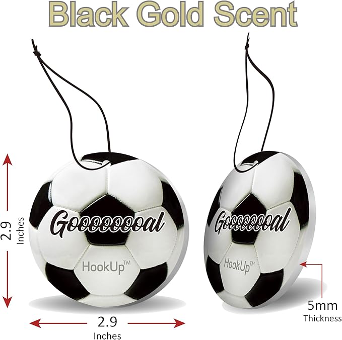 Soccer Car Air Freshener by HookUp - 4 Pack - Black Gold Scent (Extra Strong) | Unique Soccer Gift for Players, Coach, Fans | Hanging Car Accessory with Long Lasting Fresheners Smell