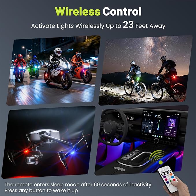 Upgrade LED Lights for Car-4PCS Interior Car Lights with Remote, USB-C 80 Hours 8 Colors IP65 Waterproof Rechargeable Underglow Wireless Strobe Lights for Trucks, eBike, Motorcycle