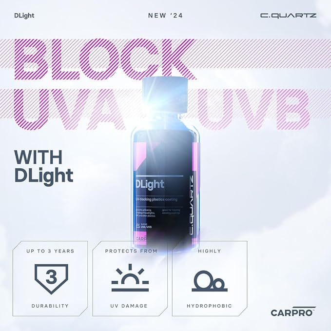 CARPRO CQUARTZ DLight - UV Ceramic Coating for PPF, Headlights, Plastics & Paint - Prevents Yellowing, Fading & Cracking - Maintains Gloss, Prevents Discoloration, Ensures Surfaces Stay Vibrant - 30ml