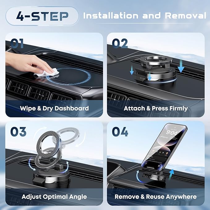 Strong Magnetic Phone Holder for Car & Desk, Compatible with MagSafe, Secure Lock, Universal 360° Rota-Table Car Phone Mount for Dashboard, Glass, Table, Carbon Fiber Deep Black