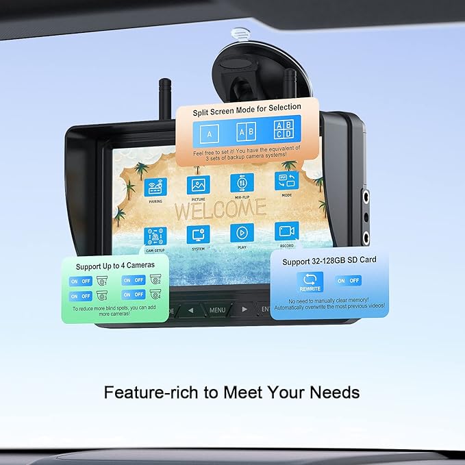 Fookoo HD Wireless RV Backup Cameras System, 7" Split-Screen Monitor, 1 Rear View + 2 Side Cameras, IR Night Vision Recording Waterproof Compatible with Furrion Pre-Wired RV Truck Trailer - DW7Y503