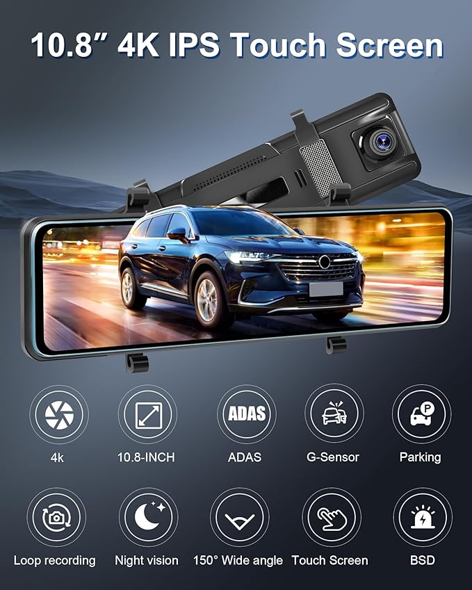 4K Mirror Dash Cam 11 Inch Front and Rear View Dual Cameras, 2024 Front 4K+Rear 1080P IPS with GPS, Night Vision, G-Sensor, 24H Parking Monitor/Assistance, ADAS&BSD&LCA+APP Control