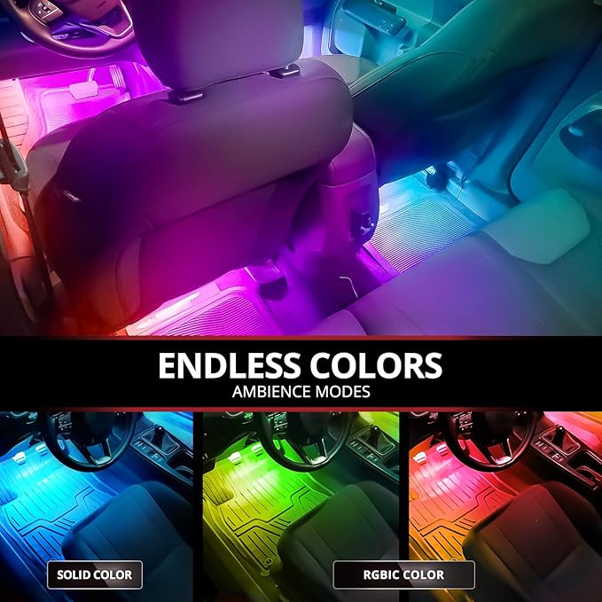 OPT7 Aura DreamColor RGB-IC LED Car Interior Light Strips, 4PC Neon Ambient Lighting Kit with APP & Remote, 12V Music Color Chasing Lights for SUV Truck Van, Under Dash Decor