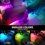 OPT7 Aura DreamColor Interior Light Strips, 4PC Double RGB-IC LED Color Chasing Kit w/APP & Remote Control, Underdash Ambient Lighting Universal for Vehicles Cars Trucks SUVs