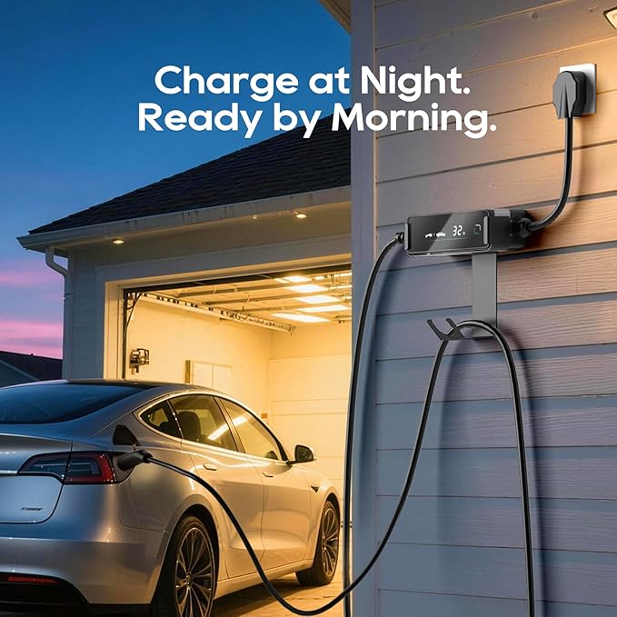 Level 2 EV Portable Charger for Tesla, 32A 240V ETL Certificated,NEMA 14-50,NACS Connector, 25FT Cable, Adjustable 16A-32A, LCD Display, Plug-and-Play Fast Charging Station for Home/Outdoor