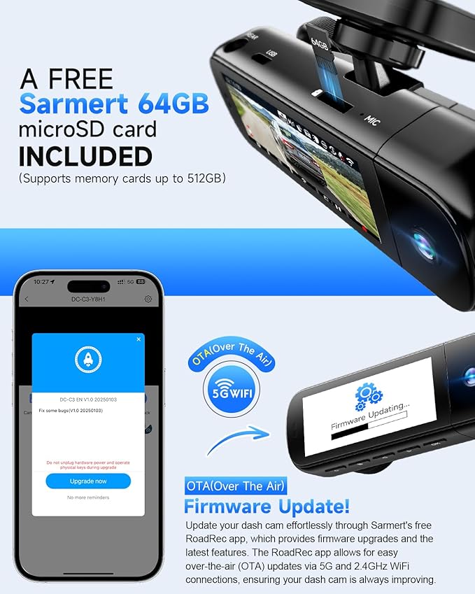SARMERT 4K 3 Channel Dash Cam, Dash Cam Front and Rear C3, Free 64GB Card, 4K+1080P+1080P Dashcam, G-Sensor, WDR, APP, 5G WiFi, Night Vision, 24H Parking Monitor
