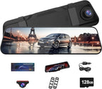 4K Dual Dash Cam for Cars, 9.66” Touchscreen Mirror Camera with WiFi, CarPlay, Suitable for All Models, Front 4K + Rear 1080P Recording, Night Vision, Parking Assist, 128G sd Card