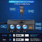 BESTEK 180W Cigarette Lighter Splitter, 3-Socket Car Cigarette Lighter with PD36W/65W and QC3.0 18W Ports, Cigarette Lighter Adapter, LED Voltage Display for Dash Cam, GPS, iPad/Laptop/Phone