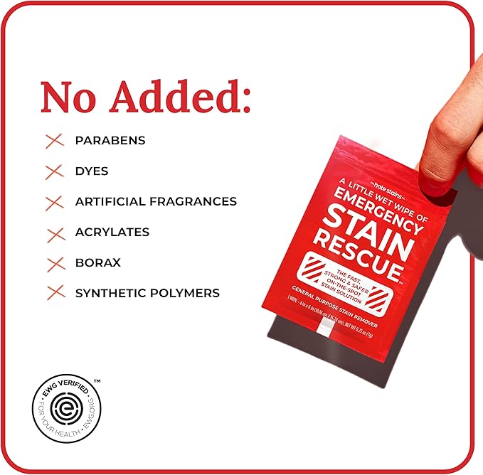 Emergency Stain Rescue Stain Remover Wipes - Road Spill On-the-Go Rescue Packets - Wine & Coffee Stain Rescue Wipes - Carpet & Upholstery Cleaner with No Added Phosphates - Pack of 25 Unscented