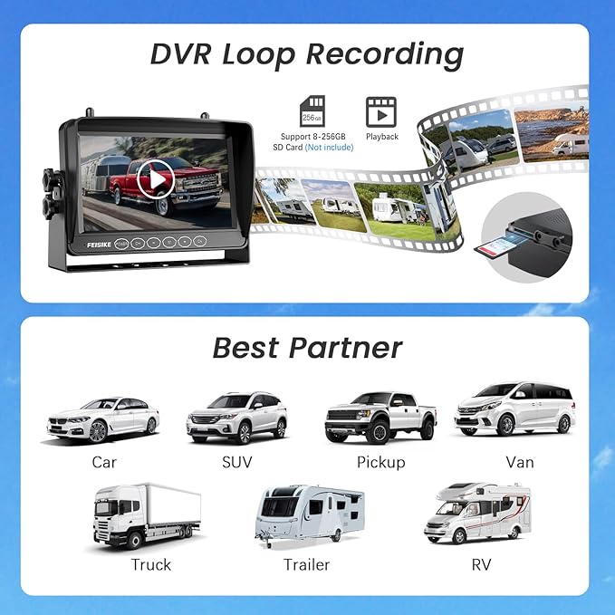2 Magnetic Solar Wireless Backup Camera for RV Truck Trailer–7" 1080P Monitor with Recording,1-Min Install,No Delay,Wide View,IR Night Vision,4 Channels,Auto-Sleep,Rechargeable Rearview Camera
