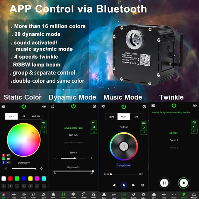 AZIMOM High Brightness 50W Twinkle Fiber Optic Starlight Kits Mixed800pcs 16.5ft Fiber Strands End Glow Sound Activated Bluetooth/APP Remote Control Theater Ceiling Home Shop Lobby Roof Decor