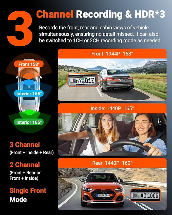 Vantrue N4S 3 Channel Front Inside Rear Dash Cam, 2.7K+1440P+1440P WiFi Dash Camera w/PlatePix™, STARVIS 2 x HDR x IR Night Vision, Voice Control, GPS, 24/7 Parking Mode, Support 1TB Max