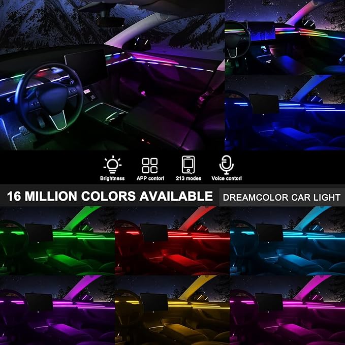 Acrylic Interior Car LED Strip Light with Wireless APP, RGB Dreamcolor 2 in 1 Ambient Lighting Kits, 16 Million Colors Sound Active Function Car Neon Lights, Sync to Music (dreamcolor 2 in 1)