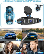 4 Channel Dash Cam Front and Rear Inside Left Right, 360° Dash Camera with 5GHz WiFi & App Control, 24H Parking Monitor, Super Night Vision, G-Sensor, Loop Recording, 64GB SD Card Included