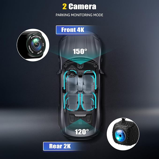 4K Dual Dash Cam Front and Rear, 4K+2K FHD Car Camera,Dash Camera for Cars Car Camera with GPS WiFi App Control 150° Wide Angle Night Vision G-Sensor Loop Recording 24H Parking Monitoring