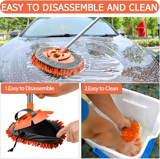 WillingHeart 47.5" Car Wash Brush Mop Cleaning Tool with Long Handle Kit for Washing Detailing Cars Truck, SUV, RV, Trailer, Boat 2 in 1 Chenille Microfiber Sponge Duster Not Hurt Paint Scratch Free