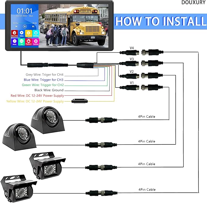 RV Backup Camera System with 10.36’’ 4K Monitor for RV Truck Bus Trailer with 4 Rear/Side View 1080P HD Cameras 4 Splits Touch Screen DVR Recording IP69 Waterproof Bluetooth Music Video Avoid Blind