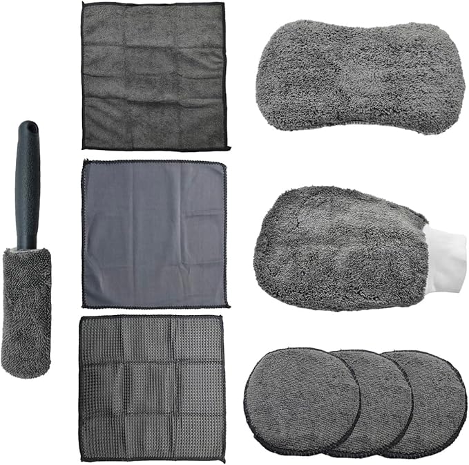 Craedli 9PCS Car Wash Detailing Tool Kit, Car Wash Mitt, Microfiber Cloths, Cleaning Sponge, Wheel Brush, Wax Applicator Pad, Universal Auto Interior & Exterior Cleaning Supplies (Gray)