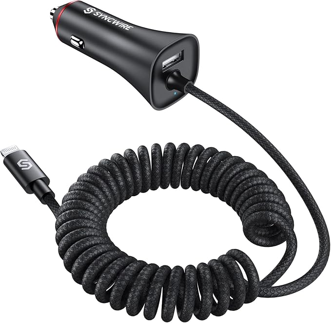 [Apple MFi Certified] Syncwire iPhone Car Charger 32W Super Fast Car Phone Charger Cigarette Lighter USB Car Adapter with Build-in 5FT Coiled Lightning Cable for Apple iPhone 14/13/12/11/XR/Max, iPad