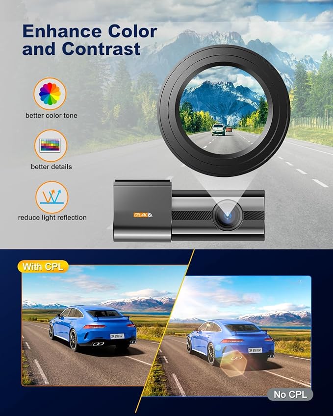 Dash Cam Front 4K, Built-in 5GHz WiFi with CPL, Car Camera Dashcam with UHD 2160P, 64GB Card, 24H Parking Monitor, Super Night Vision, WDR, G-Sensor, App Control, 170° Wide Angle, Support 256GB Max