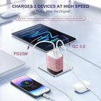 Aolcev for iPhone Charger Fast Charging Bling 2 in 1 USB A USB C Charger Block 25W Type C Fast Charging Blocks for iPhone 17 16 15 14 13 iPad Bling USB C Adapter for Galaxy S26 S25 Rhinestones Pink