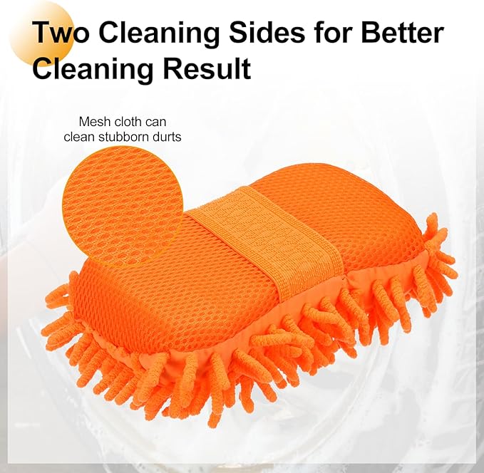 HARFINGTON 2pcs Car Wash Sponge 8.7" x 4.3" Chenille Microfiber Mitt Scratch-Free Absorbent Scour Scrubber Cleaning Sponge for Washing Detailing on Cars, Trucks, SUV, Boats, RVs, Orange
