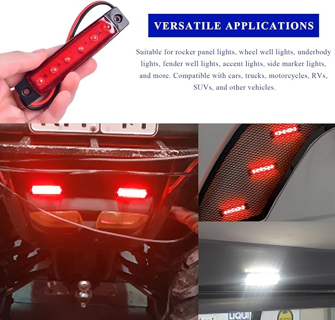 Sun Walker 8 PCS LED Rock Strip Lights, 3.77 Inch Waterproof 6 LED Car Side Marker Clearance Lamps, Wheel Fender Well Lighting Kits Exterior Underglows for Car Truck Trailer (Red)