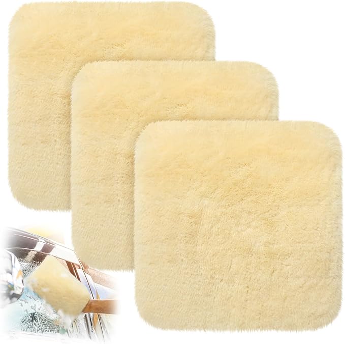 Dingion 3 Pcs Wool Car Wash Pad Wash Mitts Plush Synthetic Polish Pads for Car Washing Detailing Scratch Free,10x10 Inch