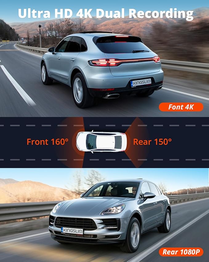 Dash Cam Front and Rear Camera 4K+1080P, Kingslim Dash Camera for Cars Built-in WiFi APP, Mini Car Camera with Night Vision, 24H Parking Monitor, Loop Recording, G-Sensor