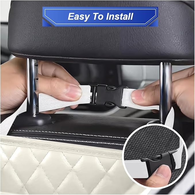 ZIMISI Car Back Seat Organizer, Waterproof Leather Automotive Backseat Hanging Bag with Cup Holders, Large Capacity Car Trash Can, Vehicle Travel Accessories for Most Vehicles (1PC/Beige)