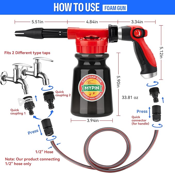 Updated 16 IN 1 Car Wash Foam Gun, Foam Cannon,Adjustable Hose Wash Sprayer with 2.5 to 6 Bars Foam Blaster,Suitable for Car Cleaning and Garden Use with 1/2” Quick Connector(Black)