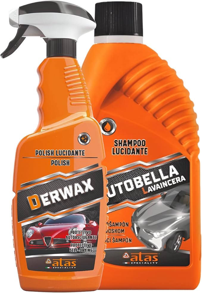 Car Wash & Shine Kit – Foaming Car Shampoo 1000ml + Spray Wax Polish 750ml, Deep Clean, High Gloss Finish, Paint & Plastic Protection, Made in Italy