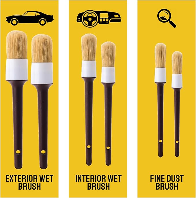 Detail Dudes Soft Boar Hair Car Detailing Brush Set - 6-Pack - Scratch-Free Soft Bristle Cleaning Brushes - Reaches Tight Spots & Interior Car Cleaning Kit - Ergonomic & Durable Detailing Supplies