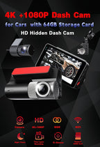 4K Dash Cam Front and Rear, G-Sensor, Free 64GB Card Included, 5.8GHz WiFi with Dash Camera for Cars, Time-Lapse Recording, 3" HD IPS, 24H Parking Mode,Night Vision