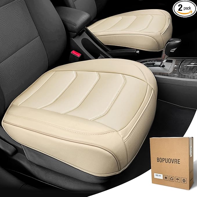 BOPUOVRE Car Seat Cover for Luxury & Comfort - PU Leather, Anti-Slip, Full Wrap Protection with Storage Pocket for Bottom Cushion - Universal Fit for 95% of Vehicles (Yellowish-White,2 Piece)
