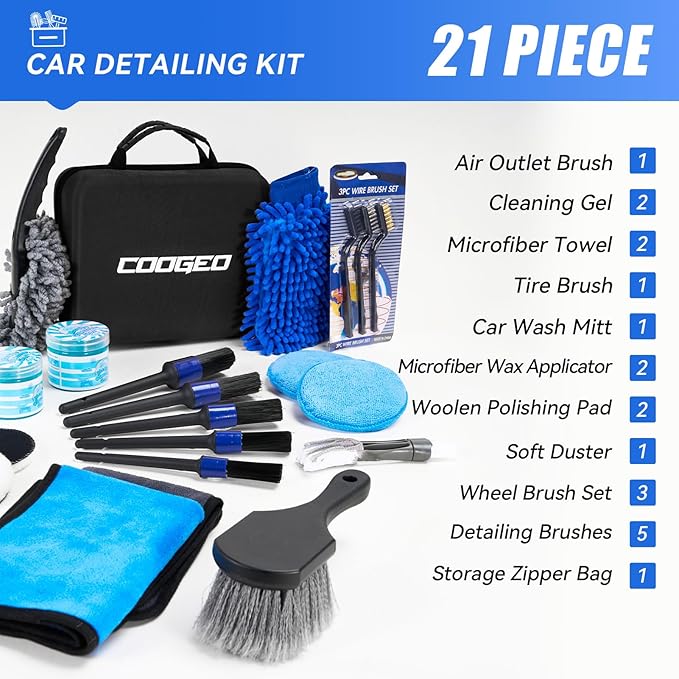 COOGEO 21Pcs Car Detailing Kit,Compelete Car Cleaning Kits Interior Cleaner with Detailing Brushes,Car Wash Kit with Cleaning Gel,Wash Mitt, Car Care Gift for Men