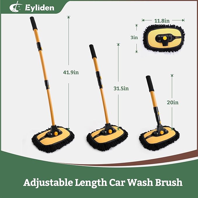 Eyliden Car Wash Brush Mop with Long Handle, 180° Swivel Head with 45° Angle Lock, 2 Scratch-Free Microfiber Heads, Car Detailing Kit for Car Truck RV, Yellow & Black