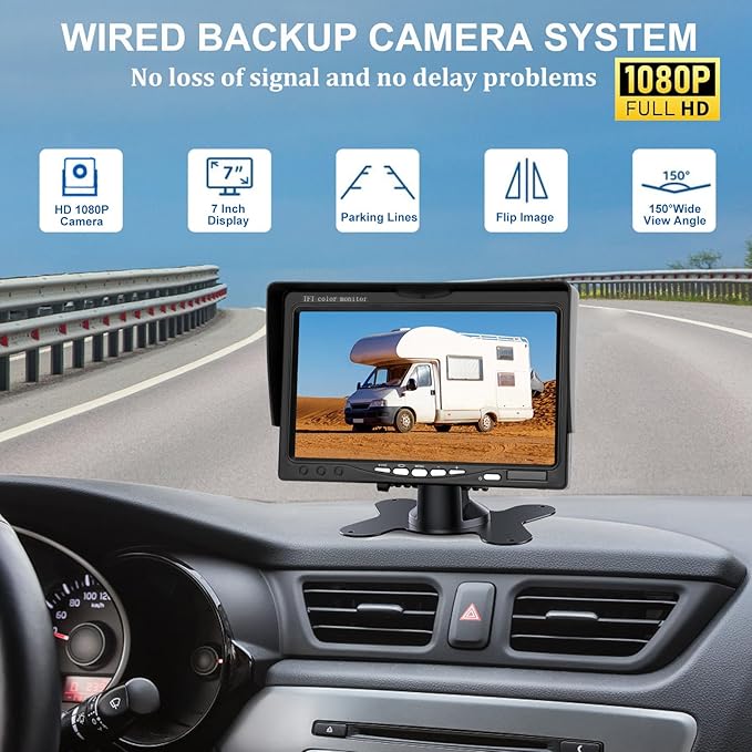 Kairiyard Truck RV Backup Camera with 7 Inch Monitor, AHD 1080P DIY Guide Lines No Delays Waterproof Wired Reverse Rear View Camera System for Car Trailer Camper
