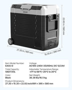 VEVOR Car Refrigerator, DC 12/24V AC100-240V Compressor Electric Cooler, -4°F to 68°F Truck Refrigerator with APP Control, Wheels & Dual Zone, 58 QT Cars Cooler for RVs, Boats, Camping, Fishing