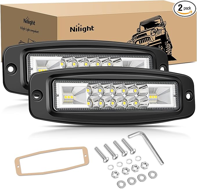 Nilight Flush Mount LED Pods 2PCS 6 Inch 60W LED Work Light Flood Spot Beam Combo Backup Driving Lights Fog Lamp Reverse Grill Mount Lighting for Offroad 4x4 Truck SUV