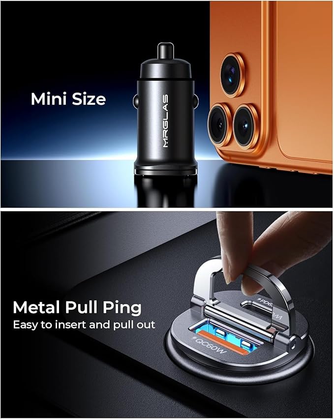 MRGLAS [2-Pack] 125W USB C Car Charger, Mini Metal USB C Car Adapter Fast Charging PD65W & QC60W Dual Port Type C Cigarette Lighter USB Charger for iPhone 17 16 15 14 Pro Max Air iPad Samsung MacBook