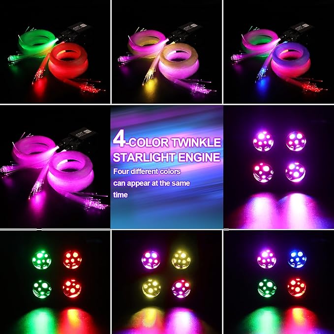 36W 4-Color RGBW Car Starlight Headliner Kit, 560pcs0.03in9.8ft, Twinkle & Sound Activate 4-Port Fiber Optic Light Engine with Bluetooth APP&Remote Control, Star Lights for Car and Home