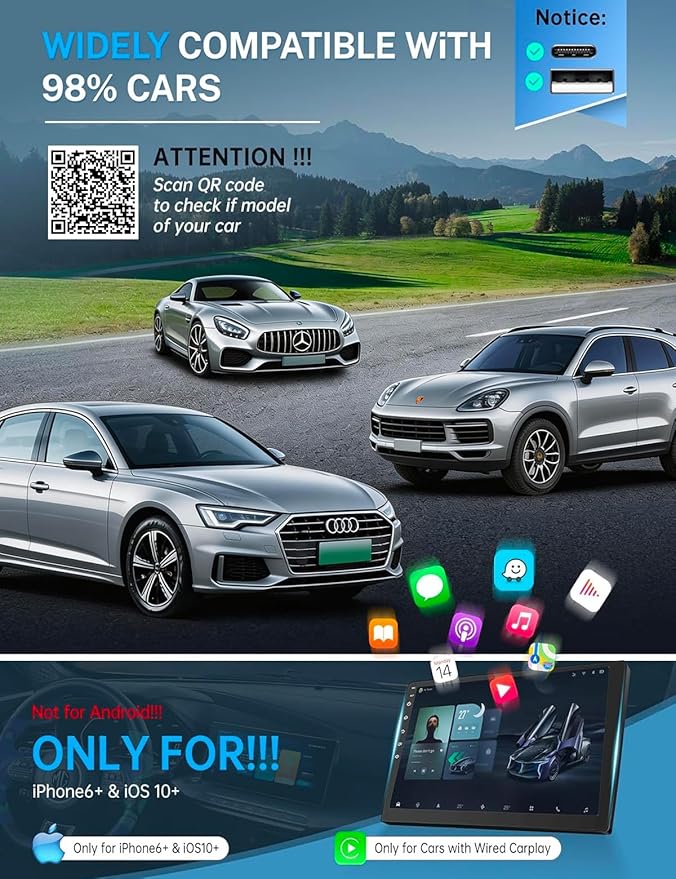 2026 Wireless CarPlay Adapter for iPhone ＆ Android Auto Mini Wired to Wireless Apple Car Play Adapter Plug & Play Compatible for iPhone iOS 10+ Android 11+ with After 2016 Cars